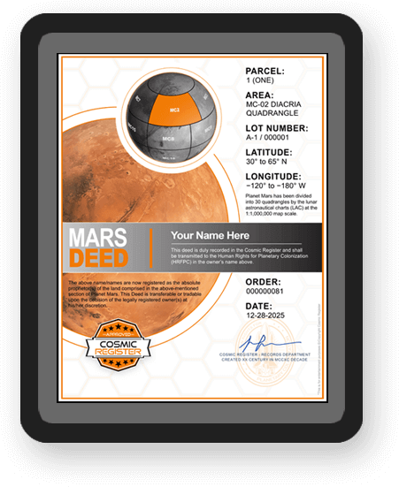 Planet Mars land Cosmic Register